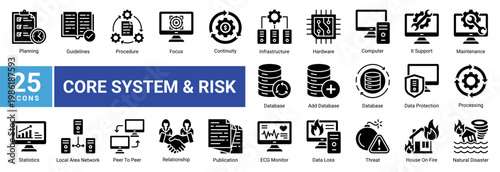 Disaster recovery icon set featuring system infrastructure,data protection,network,and risk planning concepts.Ideal for technology,IT operations,and business continuity design.
