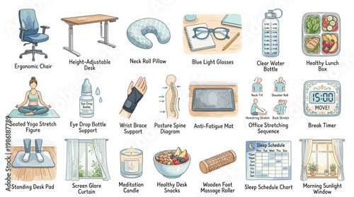 Ergonomic office and wellness items set with adjustable desk, chair, neck pillow, glasses, lunch box and accessories in detailed hand drawn style isolated on white background