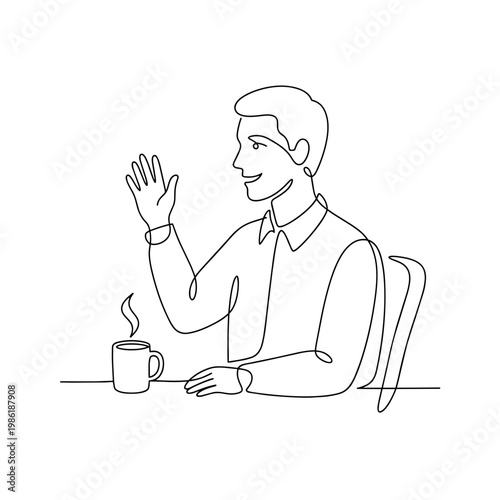Man waving hello at desk. Friendly office greeting concept. Continuous line drawing vector illustration