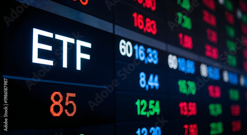 Close-up of a digital stock market ticker displaying etf prices and financial data on a dark screen with glowing red and green numbers