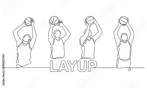 Basketball players performing a layup sequence.