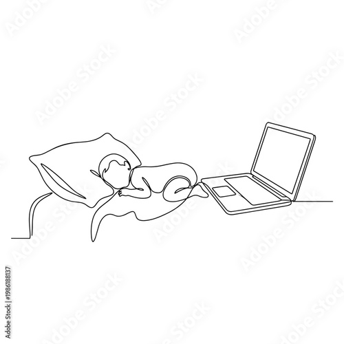 Baby sleeping next to a laptop. Continuous one line drawing of a modern parenting concept. Minimalist vector illustration
