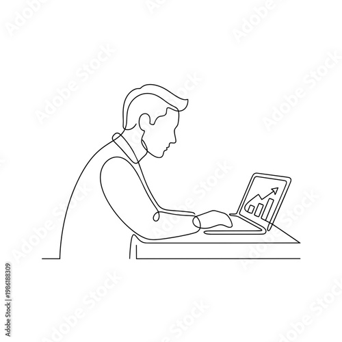 Continuous line drawing of a man studying financial charts on a laptop. Online business education and data analysis concept. Minimalist vector illustration