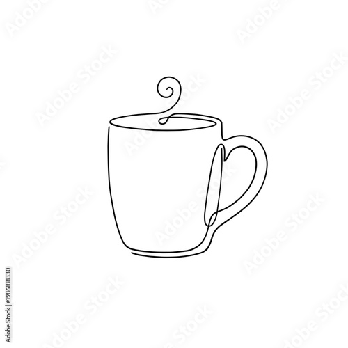 Continuous one line drawing of a coffee mug with steam. Minimalist vector illustration for office break concept