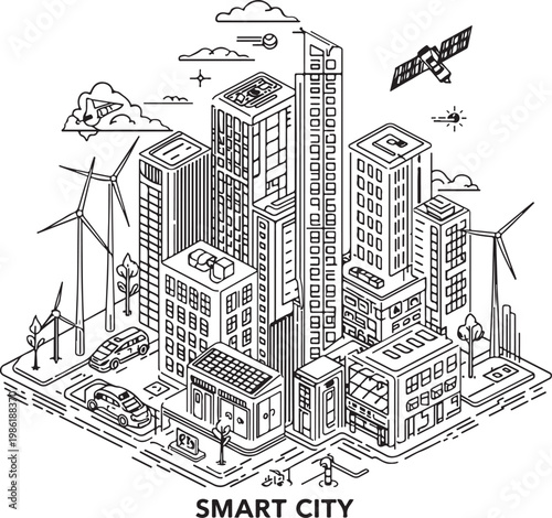 Isometric line art illustration of a futuristic smart city with sustainable energy and technology