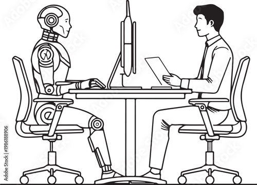 A humanoid robot and a professional man sitting at a desk for a job interview or collaboration.