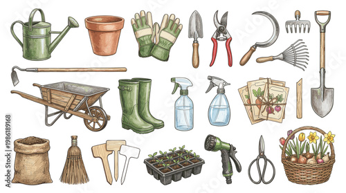 Gardening and farming tools set including wheelbarrow, boots, shovel, rake and plants in rustic style isolated on white background for agriculture and outdoor work