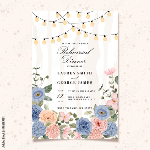 rehearsal dinner invitation card with pink blue floral and string light background