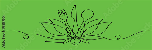 Green Screen Concept with Continuous Line Fork, Knife, Spoon and Lotus Leaves – Minimalist Eco Dining Symbol