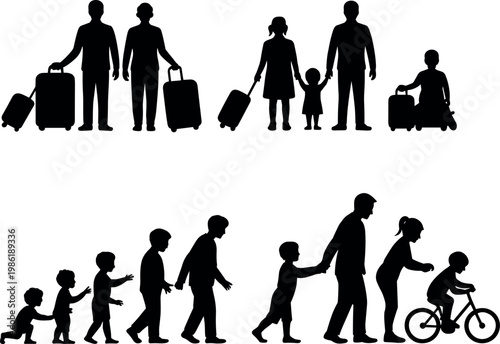Silhouette family figures showing travel migration with luggage and stages of human growth development parenting support and relationships