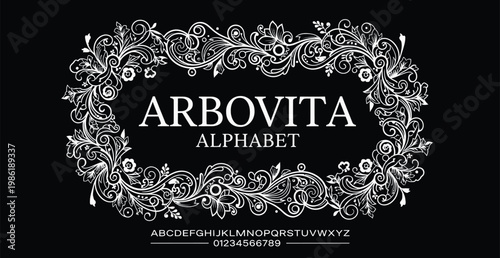 A beautiful white Arbovita alphabet logo on a black background with floral designs