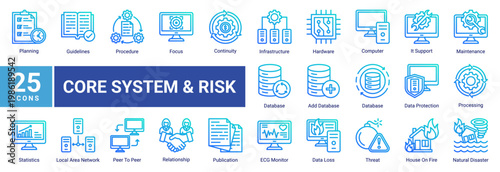 Disaster recovery icon set featuring system infrastructure,data protection,network,and risk planning concepts.Ideal for technology,IT operations,and business continuity design.