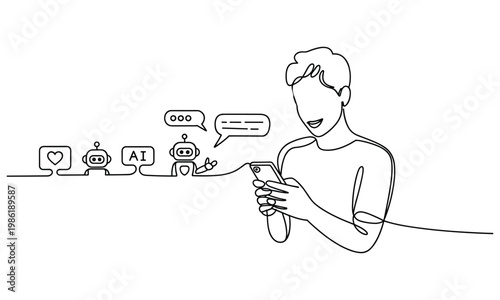 Person texting with artificial intelligence robots and chatbot messages