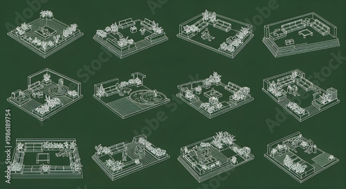 Relaxation Zone Blueprint Icon Set – AutoCAD Landscape Wellness Multi View Technical Drawing White Outline on Dark Green Background