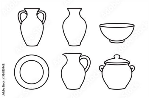 Line art illustration of various ceramic vessels and tableware items