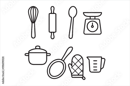 Black and white line art depicting various kitchen utensils and tools