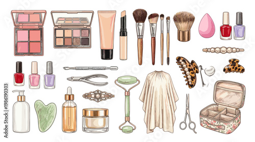 Makeup and beauty products set including nail polish, brushes, cream, mirror and accessories in trendy pastel style isolated on white background