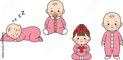Cute Cartoon Pink Baby Girl Set Collection Sleeping Sitting Standing Flat Vector Illustration Isolated Background