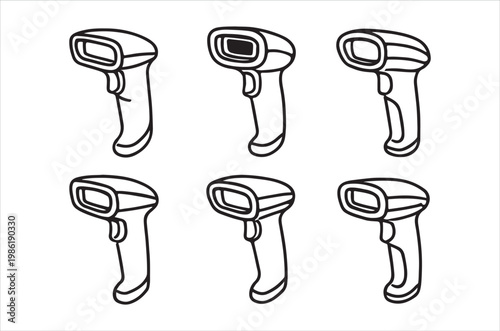 Line art illustration of three barcode scanners in varying perspectives