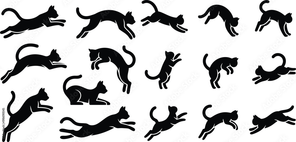 Obraz premium Collection of 19 black cat silhouette illustrations showing various actions