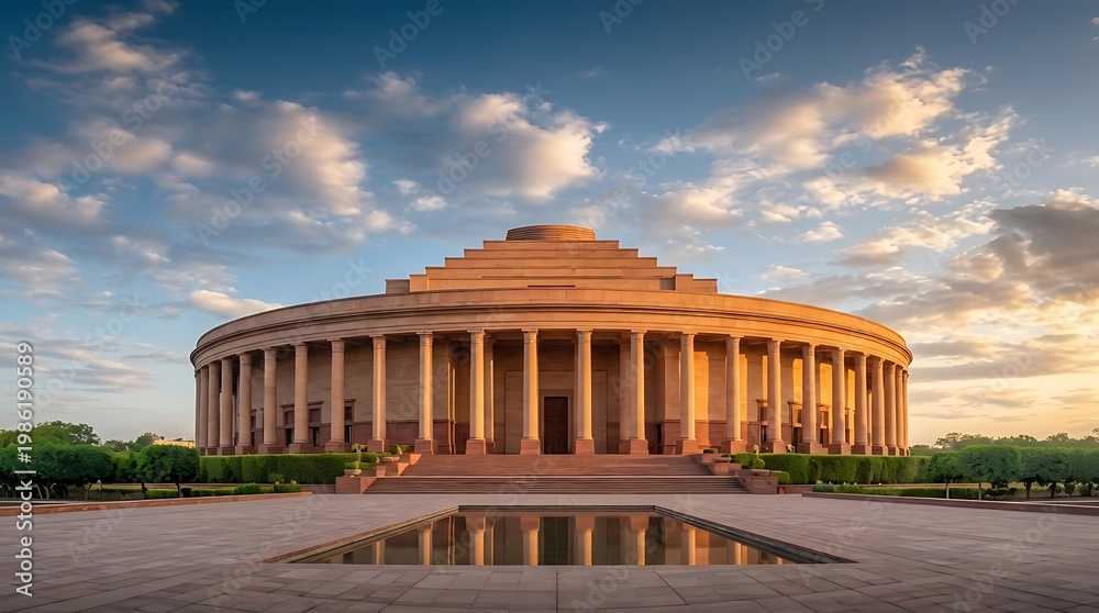 Fototapeta premium Circular building with rows of columns and reflecting pool at sunset building architecture circular exterior historical