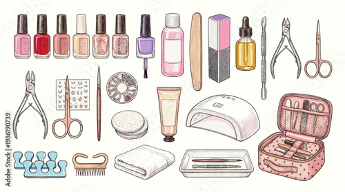 Manicure and nail care tools set in watercolor style including nail polish, scissors, cuticle nipper, uv lamp, creams and beauty accessories isolated on white background