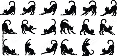 18 black cat silhouette illustrations depicting cats in stretching and yoga