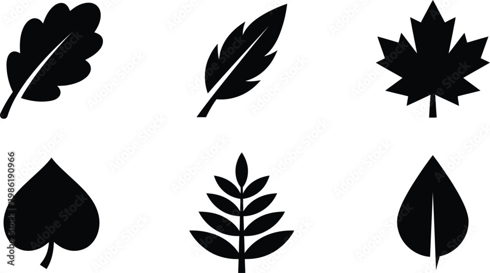 Fototapeta premium Black leaf silhouette icon set featuring various tree foliage shapes