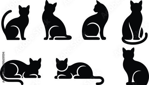 Collection of black cat silhouettes in different poses vector art white