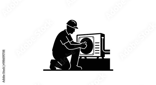 A black silhouette illustration depicts an air conditioning service technician kneeling and inspecting an air conditioner unit, presented as a clean, flat vector icon design
