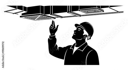 Illustrated silhouette of an air conditioning service worker inspecting overhead ventilation against a white background, with the minimalist vector design conveying a sense of professional