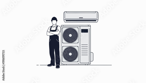 Monochrome vector illustration featuring an air conditioning service technician character standing with arms crossed next to the AC unit, conveying a professional and reliable mood