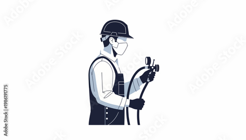 Illustrated silhouette of a worker wearing a hard hat, mask, and gloves, holding a spray gun in an air conditioning service and maintenance job, presented as a clean vector design