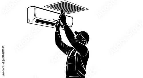 Vector illustration of an air conditioning technician in silhouette performing an inspection against a clean white background, the design conveying a sense of professional service