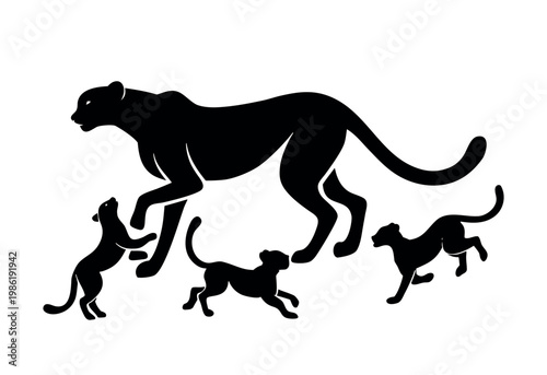 Cheetah Mother And Cubs Walking Silhouette Illustration