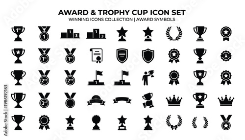 Award and trophy cup icons on transparent background, winning, achievement, prize, symbols.