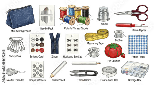 Sewing notions and tailoring tools set in flat style including threads, needles, scissors, tomato pincushion, thimble and zipper isolated on white background