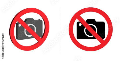 No photography allowed a black and white prohibition sign featuring a camera icon. 3D and 2D No camera.
