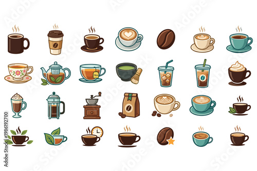 Coffee and tea items, drinks, cups, pots, and beans, vector icons for cafe.