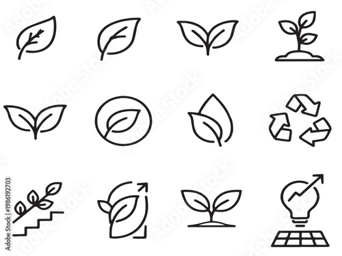 Eco leaf icons set outline green nature growth sustainability recycle symbols set