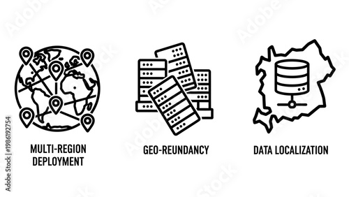 Vector line icons illustrating cloud computing concepts including multi-region deployment on a globe geo-redundancy with server stacks data localization technology localization redundancy