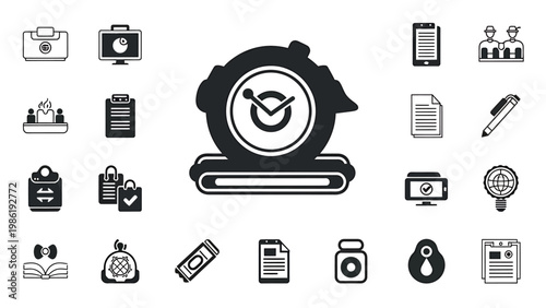 Comprehensive collection of solid black business and productivity icons featuring a central stopwatch timer office equipment management tools professional symbols business productivity management