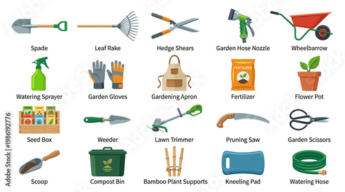 Garden maintenance and planting tools set in flat style including shovel, rake, gloves, fertilizer, seed bag, pruner and watering can isolated on white background