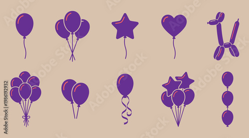 Purple balloons and stars icons set for party decoration and celebration  various shapes and sizes of inflatable decorations