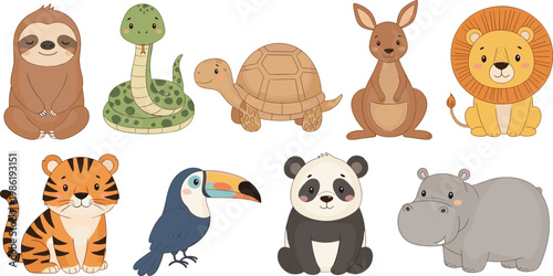 Cute Cartoon Wild Animal Set Collection Sloth Panda Tiger Lion Kids Flat Vector Illustration Isolated