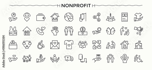 Nonprofit icon set. Donation vector icon set. Featuring donation, sponsor, charity, support, community, volunteer and more. Editable stroke.