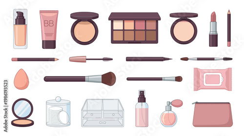 Makeup and cosmetic products set in flat style including foundation, palette, brushes, lipstick, wipes and beauty accessories isolated on white background