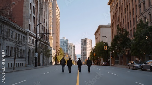 Three people walk down a wide urban avenue flanked by tall commercial buildings under a bright daytime sky