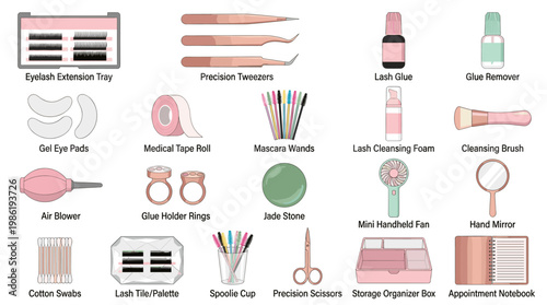Eyebrow shaping and facial care tools set in flat style including tweezers, scissors, brushes, razors and cosmetic accessories isolated on white background