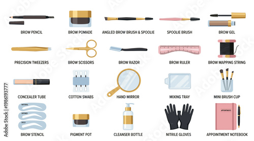 Eyebrow care and cosmetic tools set in flat style including tweezers, scissors, brushes, spoolie, thread, gloves and makeup accessories isolated on white background